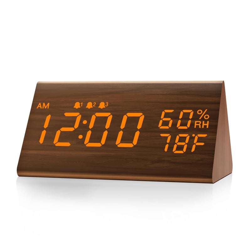 JALL Digital Alarm Clock, with Wooden Electronic LED Time Display, 3 Alarm Settings, Humidity & Temperature Detect, Wood Made Electric Clocks for Bedroom, Bedside (Brown) - Image 1